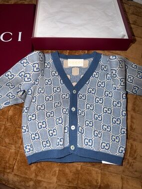 Gucci Blue and Cream GG Logo Cardigan Sweater